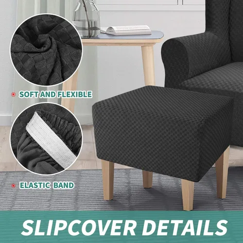 Vista 5 de YEMYHOM 1 funda elástica para silla con respaldo de ala + funda otomana de tamaño pequeño (negro)