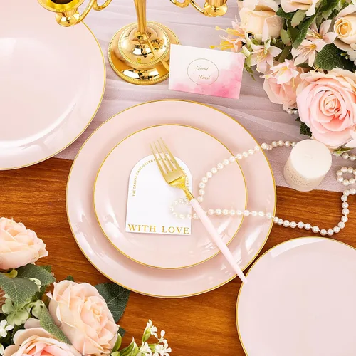 Vista 4 de Liacere 150 platos de plástico, cubiertos de plástico dorado con mango rosa, platos desechables color rosa incluyen 30 platos, tenedores, cucharas