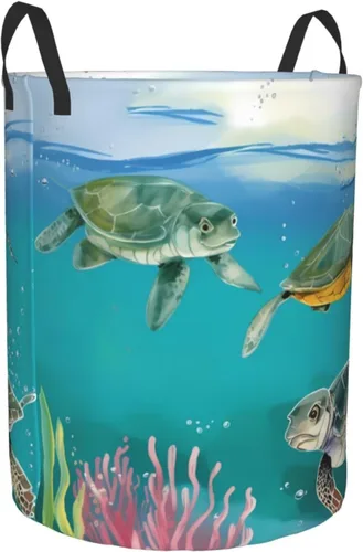 Vista 2 de Cesta circular con estampado de tortugas marinas y peces impermeable, cesta organizadora de lavandería, con asas, para ropa, juguetes, pequeña
