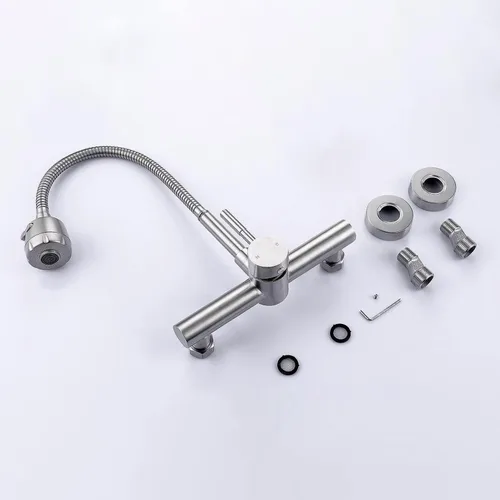 Vista 7 de Grifo de fregadero de cocina de montaje en pared con rociador de 8 pulgadas en el centro, grifo mezclador de fregadero de acero inoxidable de níquel