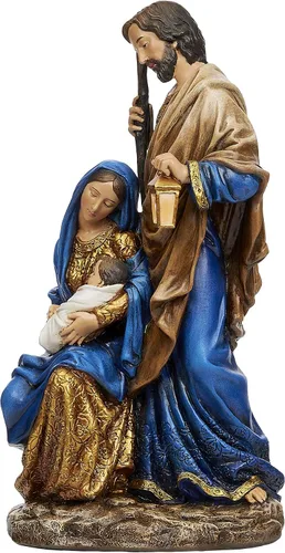 Vista 2 de Joseph's Studio by Roman, Figura de Natividad de la Sagrada Familia de 10.5 pulgadas de alto, estatua de Navidad azul y dorada, resina de 10.5