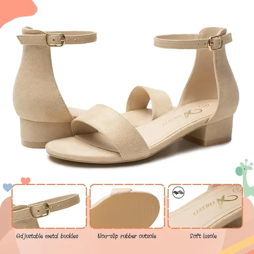 Vista 42 de Athlefit Sandalias para niñas, puntera abierta, correa en el tobillo, tacones bajos, zapatos de vestir para niñas pequeñas y grandes