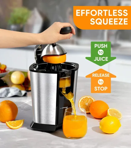Vista 5 de exprimidor de naranja eléctrico, exprimidor de cítricos con 2 conos y mango de agarre suave para exprimir sin esfuerzo, máquinas extractoras de jugo