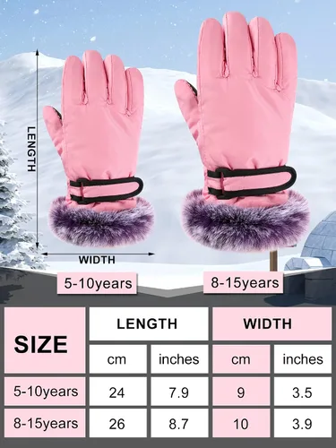 Vista 3 de Geyoga 2 pares de guantes de esquí de nieve para niños, impermeables, de piel sintética, guantes de snowboard resistentes al viento para jóvenes