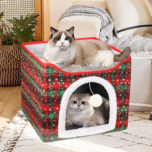 Vista 8 de Cama Térmica para Gatos de Interior, Casa Plegable para Gatos con Almohadilla Térmica Extraíble para Gatos y Perros Pequeños, Cama Cubierta