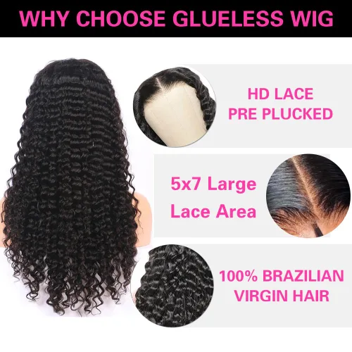 Vista 3 de Pelucas de cabello humano sin pegamento de 7 x 5, peluca de onda profunda predepilada, gorra de cúpula 3D, sin pegamento, pelucas de cabello humano