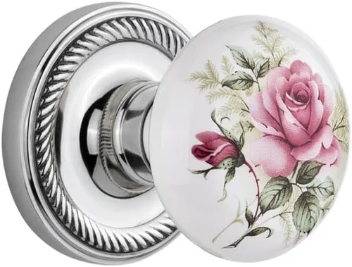 Vista 9 de Nostalgic Warehouse 711306, Mortaja de 2.25 pulgadas, roseta de cuerda de latón antiguo con perilla de porcelana rosa blanca