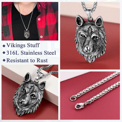 Vista 3 de FaithHeart Collar con colgante de lobo vikingo nórdico para hombres y mujeres, acero inoxidable, chapado en oro de 18 quilates, joyería con embalaje