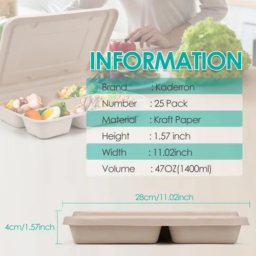 Vista 4 de Kaderron Contenedores de alimentos para llevar de 11 x 8.7 pulgadas con tapas, 4 compartimentos, paquete de 25 cajas desechables para llevar a