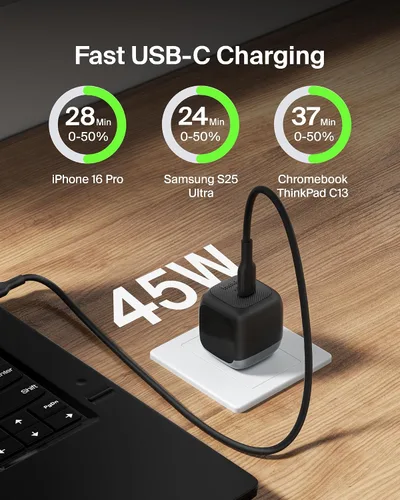 Vista 2 de Belkin Bloque de carga USB C de 45 W (paquete de 2) - Cable USB C incluido - Carga rápida PD3.1 PPS - Samsung Galaxy S25, S24, Apple iPhone 17, Air