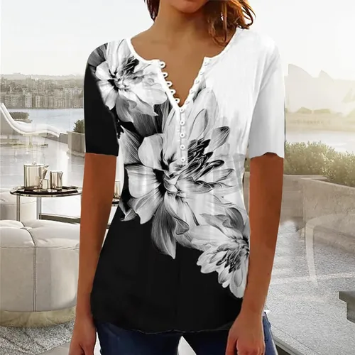 Vista 2 de SMIDOW Womens Tunic Tops Trendy Vintage Boho Shirts Short Sleeve Notch v Neck t-Shirt 2023 Casual Summer Blouse Empire Waist
