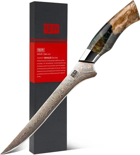 Vista 9 de Juego de cuchillos de cocina de Damasco SHAN ZU, cuchillos de cocina japoneses de cobre y acero de Damasco, cuchillo utilitario forjado a mano