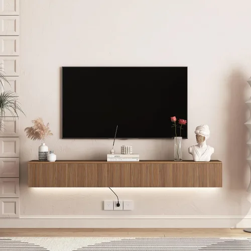 Vista 15 de Soporte flotante para TV montado en la pared con 20 LED de color, soporte de TV moderno de 63 pulgadas, gabinete de TV flotante centro