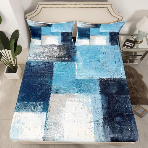 Vista 2 de Erosebridal Juego de sábanas de color negro con diseño de grunge azul, juego de sábanas abstractas de acuarela degradada, tamaño individual, teñido