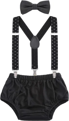 Vista 15 de AWAYTR Conjunto de bombones para bebé niño con tirantes y pajarita para fiesta de primer cumpleaños Beige