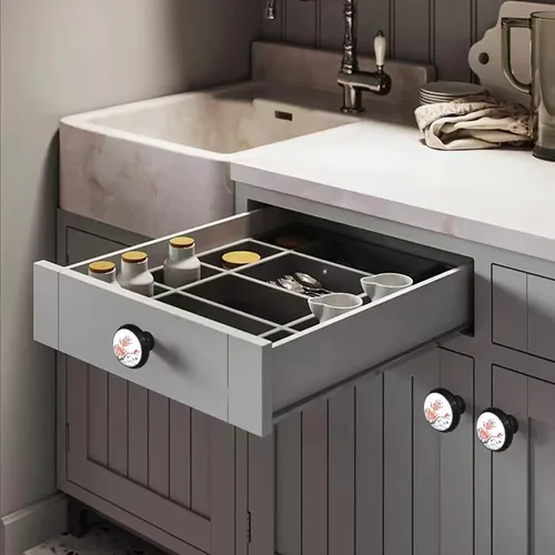 Vista 3 de Paquete de 6 tiradores negros para cajones, cerezo Sakura oriental en flor para gabinete, pomos de cristal para tocador de cocina y baño