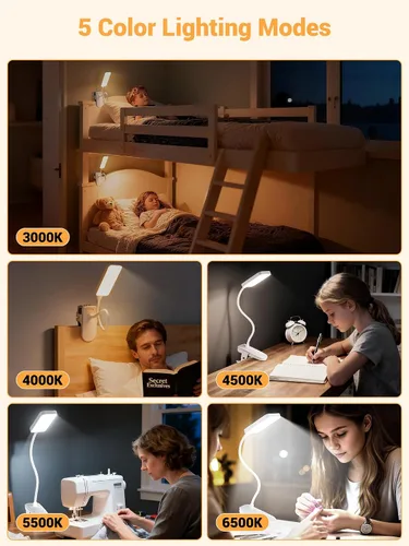 Vista 3 de Lámpara con Pinza, 9 Niveles de Brillo + 5 Colores Luz con Abrazadera, Lámpara de Escritorio Recargable con Batería de 4000mAh con Pinza, 450