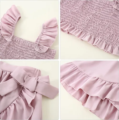 Vista 7 de CARETOO Conjunto de falda para niña, 2 piezas, vestido de verano sin mangas, parte superior con volantes, estampado floral, ropa para niños grandes
