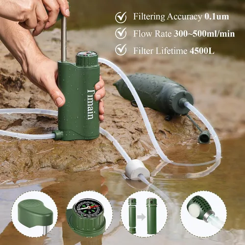 Vista 4 de Timain Bomba de filtro de agua portátil para exteriores, sistemas de filtración de agua, perfecta para viajes, camping, senderismo, pesca, caza