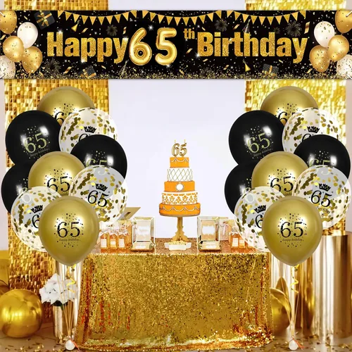 Vista 3 de Decoraciones de cumpleaños número 65 para hombres y mujeres, cartel negro y dorado para patio y 18 globos de feliz cumpleaños para suministros