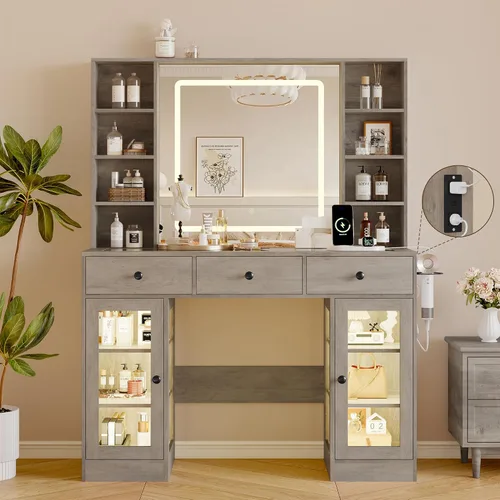 Vista 11 de Escritorio de maquillaje con espejo y luces, tocador negro de 43 pulgadas con parte superior de cristal, almacenamiento de joyas, 3 cajones