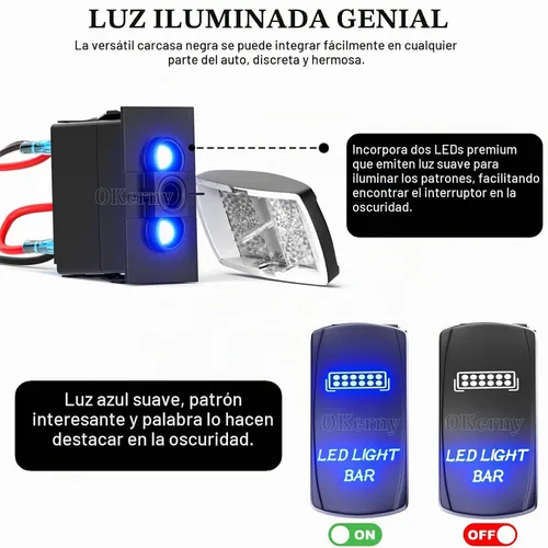Vista 3 de Interruptor basculante con luz LED de barra, interruptor de palanca grabado con láser ENCENDIDO/APAGADO SPST de 5 pines 12V 24V cables de puente