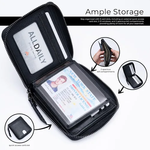 Vista 2 de Alldaily Carteras de bloqueo RFID para hombres con cremallera plegable RFID tarjetero (negro)