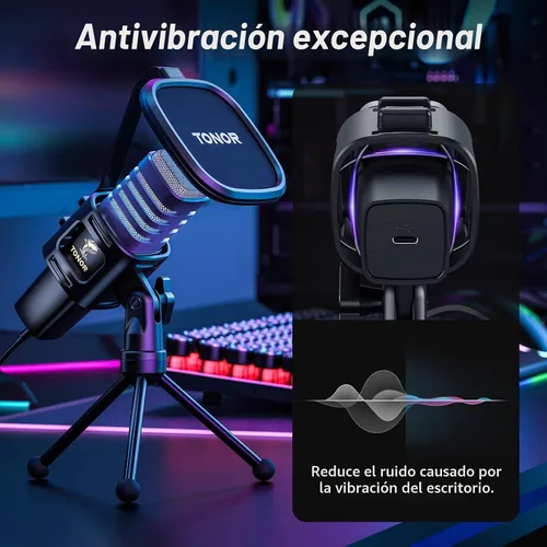 Vista 5 de TONOR Micrófono USB RGB, micrófono de condensador cardioide para computadora PC con soporte para trípode, filtro pop, soporte antivibración