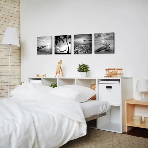 Vista 4 de sechars - Arte de pared de playa en blanco y negro, pintura de paisaje marino, paisaje de amanecer, imagen giclée, lienzo enmarcado para sala