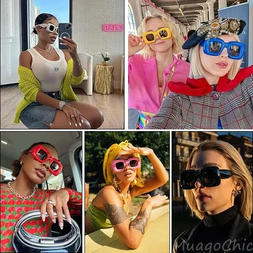 Vista 2 de MuagoChic Lentes de sol cuadrados inflados de burbujas para mujeres y hombres, grandes, gruesos, de moda, con marco grueso, gafas de sol divertidas
