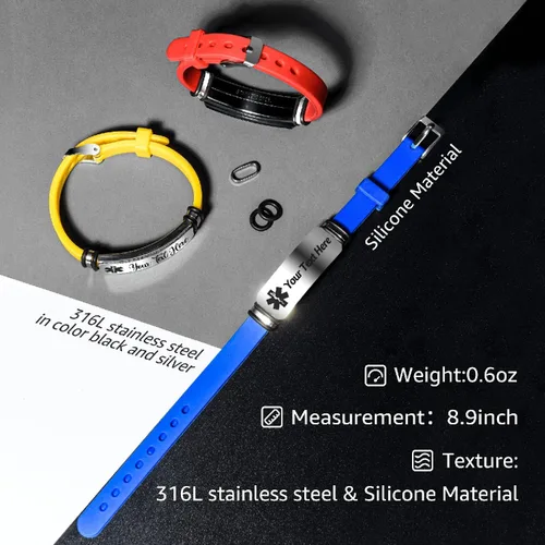 Vista 2 de Caramel Sweet Life Pulseras de alerta médica para hombres, pulseras médicas personalizadas para mujeres con pulsera de silicona ajustable