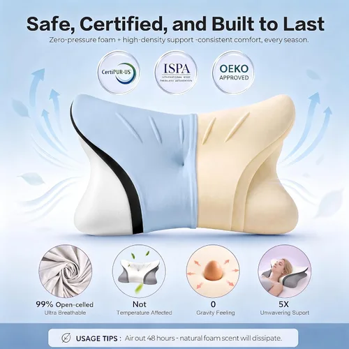 Vista 3 de Almohada cervical para el cuello para aliviar el dolor, contorno ergonómico, enfriamiento Q-Max, espuma viscoelástica sin temperatura, soporte