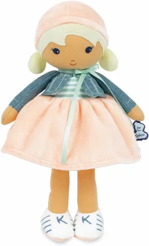 Vista 2 de Kaloo Tendresse My First Fabric Doll Chloe K - Figura de felpa suave mediana de 9.75 pulgadas en vestido de melocotón y rayas, chaqueta de mezclilla