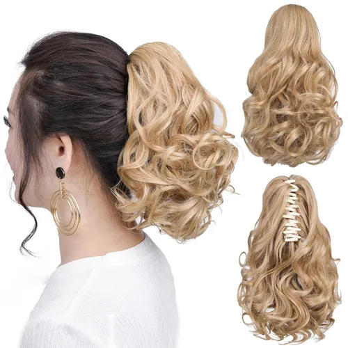 Vista 49 de Cola de caballo con clip, color castaño rojizo, ondulado de 10 pulgadas, extensión de cola de caballo de 3.3 onzas, extensiones de cabello sintético