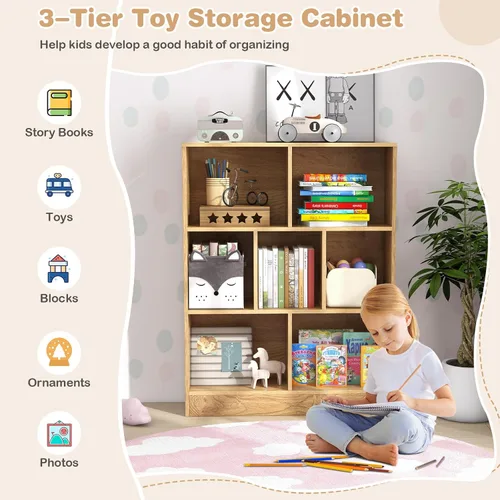 Vista 4 de HONEY JOY Organizador de almacenamiento de juguetes para niños, gabinete de almacenamiento de madera de 7 secciones, baúl de juguetes de guardería