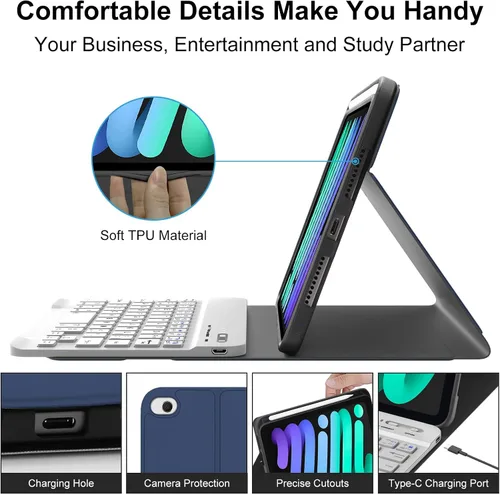 Vista 5 de Funda con teclado para iPad mini, teclado Bluetooth inalámbrico desmontable delgado con folio inteligente para Apple iPad mini 5 2019/iPad Mini 1 2