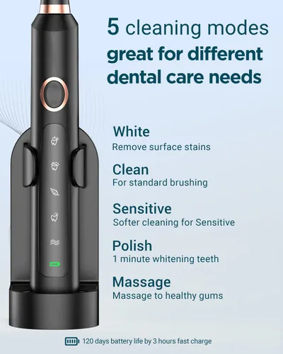 Vista 5 de Rtauys Cepillo de dientes eléctrico M5 para adultos, cepillo de dientes eléctrico sónico para niños y adultos con 8 cabezales de cepillo y estuche