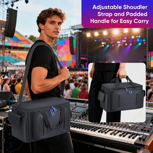 Vista 5 de Bolsa grande para archivos de cable de DJ con 8 divisores desmontables, bolsa de DJ acolchada con múltiples compartimentos y bolsillos para equipos