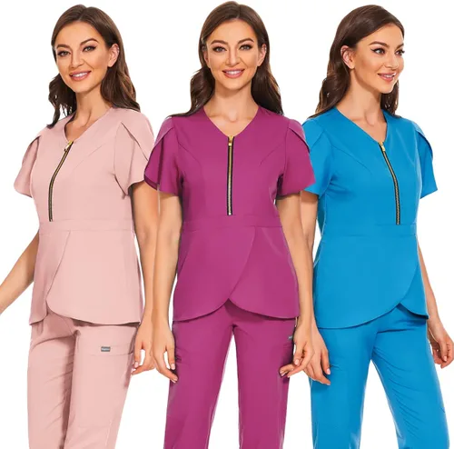 Vista 6 de VIAOLI Conjunto de ropa quirúrgica para mujer con cremallera, conjunto médico de enfermería y pantalón de enfermería, diseño moderno y sexy