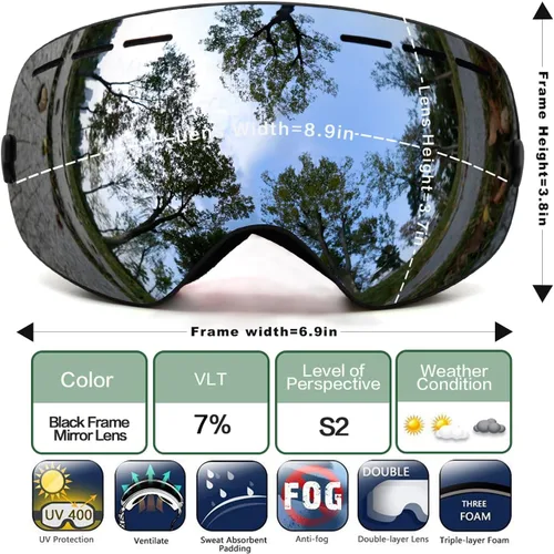 Vista 7 de JULI Gafas de esquí, gafas de snowboard para deportes de nieve de invierno con lente antivaho BNC A1-negro/plateado