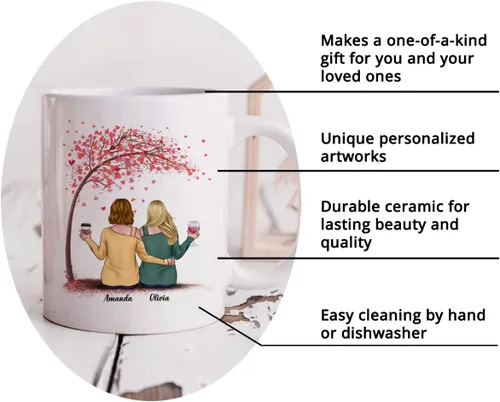 Vista 6 de Gossby - Taza de café personalizada para mujer, 2 unidades, con nombres personalizados Taza personalizada para dos mujeres, taza de café