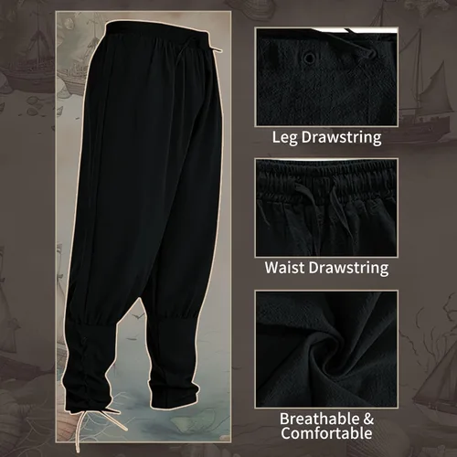 Vista 4 de Pantalones con bandas de tobillo para hombre, para primavera, verano, otoño, medieval, vikingo, navegador, pantalones renacentistas
