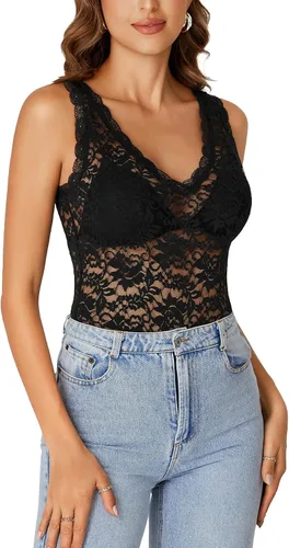 Vista 4 de Rooscier - Blusa sin mangas para mujer, con encaje floral, cuello en V, con volantes, transparente, sin sujetador