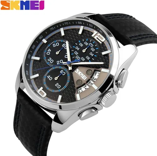 Vista 3 de SKMEI Men Watches Black Leather Band Sports Large Big Face Luxury Waterproof Luminous Fashion Dress Casual Analog Quartz Chronograph Father Gifts