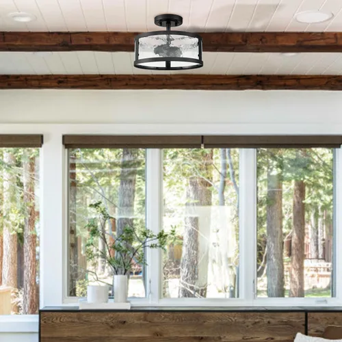 Vista 6 de Lámpara de techo semiempotrada de estilo casa de campo, accesorios de luz negra, 2 luces con vidrio martillado para dormitorio, cocina, baño, entrada