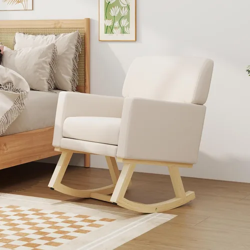 Vista 2 de S AFSTAR Mecedora, silla tapizada de tela con marco de madera resistente y asiento acolchado, sillón moderno para sala de estar (beige)