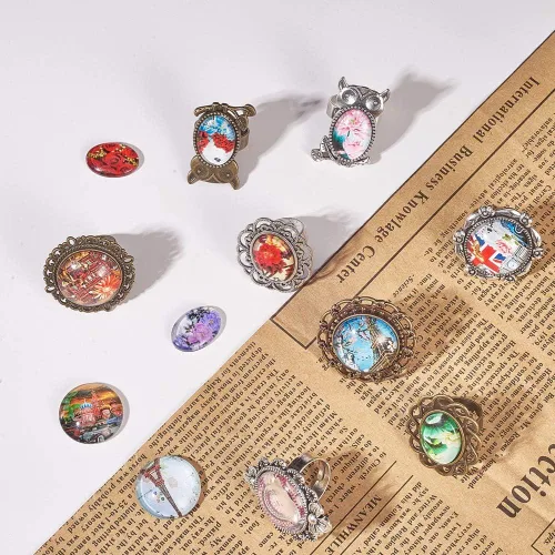 Vista 7 de SUNNYCLUE Juego de 24 piezas de anillos ajustables mixtos, cabujones, kit de fabricación de joyas, ajuste de anillo de dedo, cabujones de cristal
