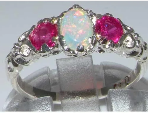 Vista 2 de Anillo de plata de ley 925 auténtico ópalo y rubí para mujer