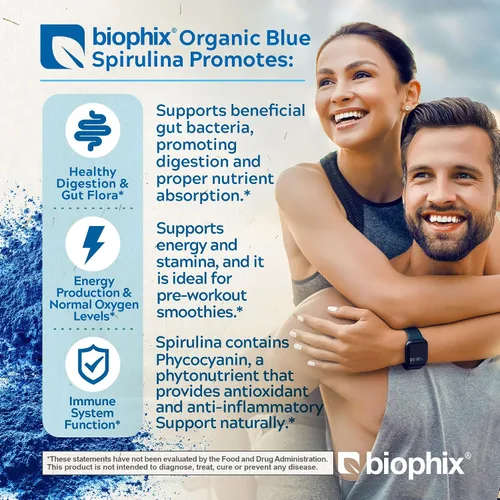 Vista 3 de biophix Blue Spirulina en polvo orgánico Blulina 2 onzas – Algas espirulina orgánica en polvo 56 porciones – Suplemento superalimenticio – Pigmento