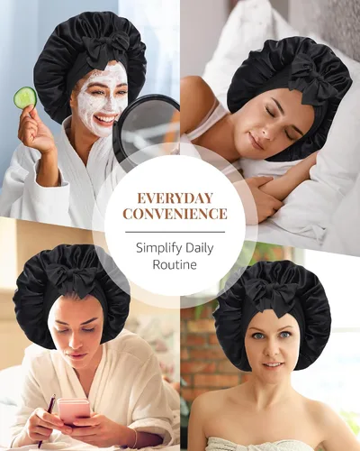 Vista 6 de Gorro de seda de AWAYTR para dormir, mujeres, 100% seda de morera con banda, reversible de 2 capas, envoltura para el cabello para dormir